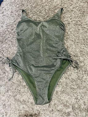 Xhilaration Women’s Size L Silver greenSparkle One Piece Swimsuit Ruched y2k tie